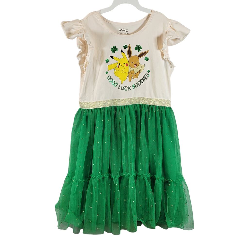Pokémon "Good Luck Buddies" Print T-shirt Dress Green/Beige Size Youth XL NWT